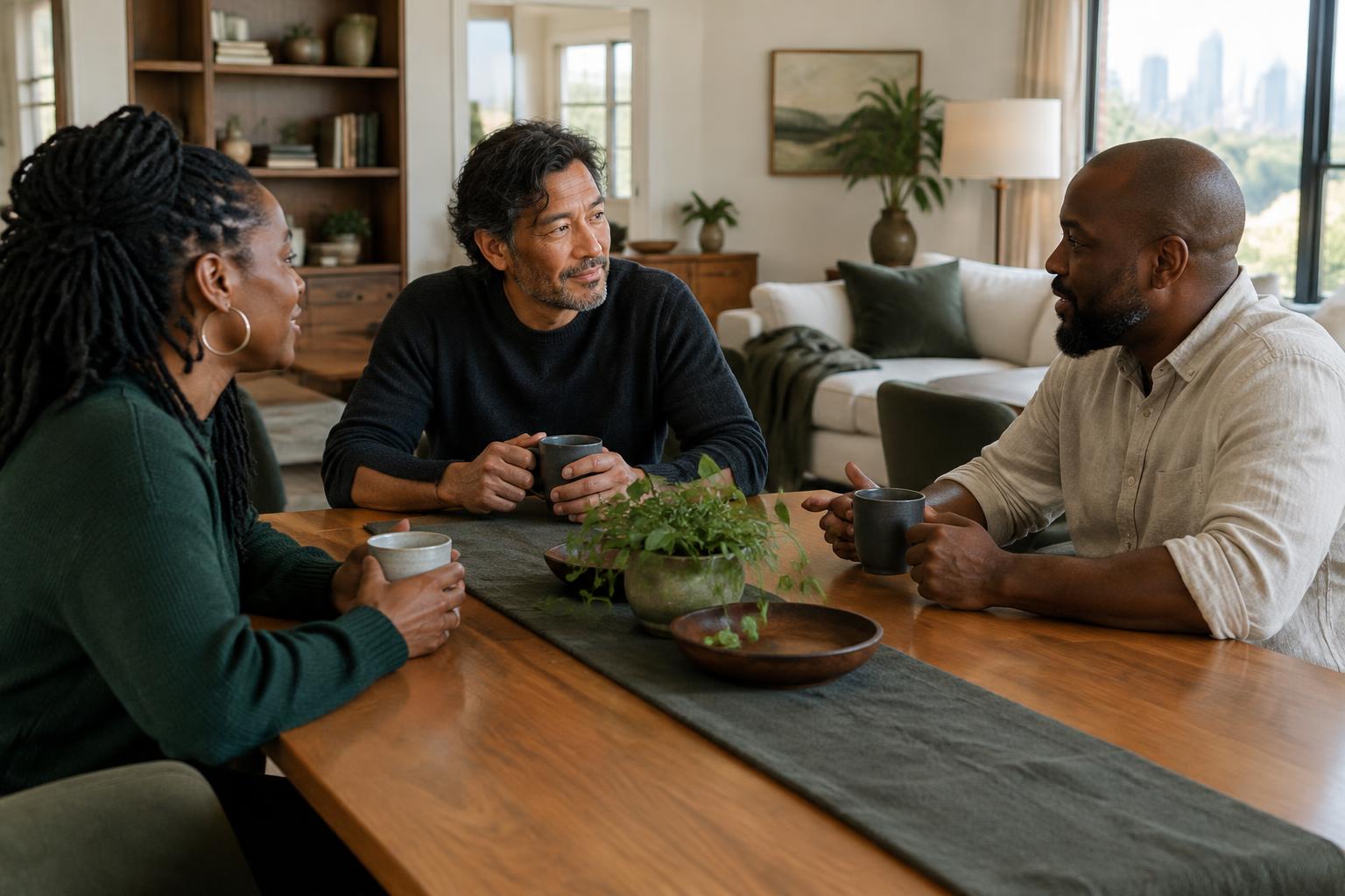 Adults sharing a relaxed conversation in a residential setting