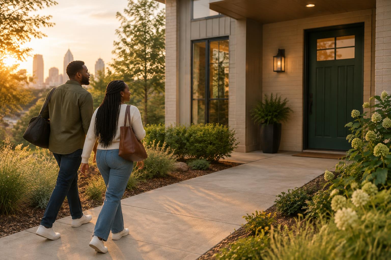 Adults approaching a welcoming home at sunset