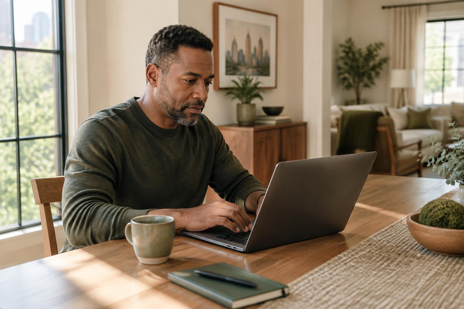 An adult working independently in a peaceful home setting